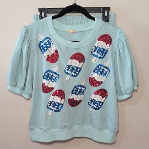 Peach Love Patriotic Popsicle Sequin Skort Set Blue Red White Women's Size L